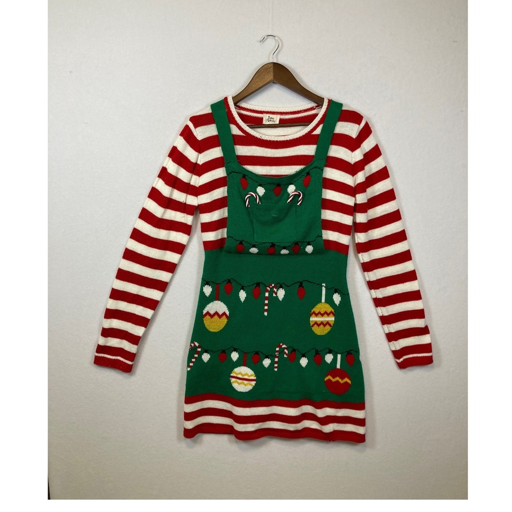 Born Famous Womens Ugly Christmas Sweater Dress Stripe Green‎ Ornaments XL